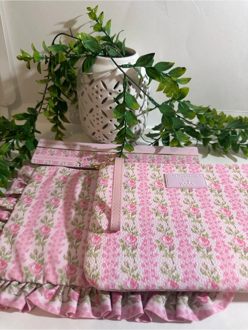 LoveShackFancy Blooming Heirloom Pink Floral Cosmetic/Accessory Pouch Set